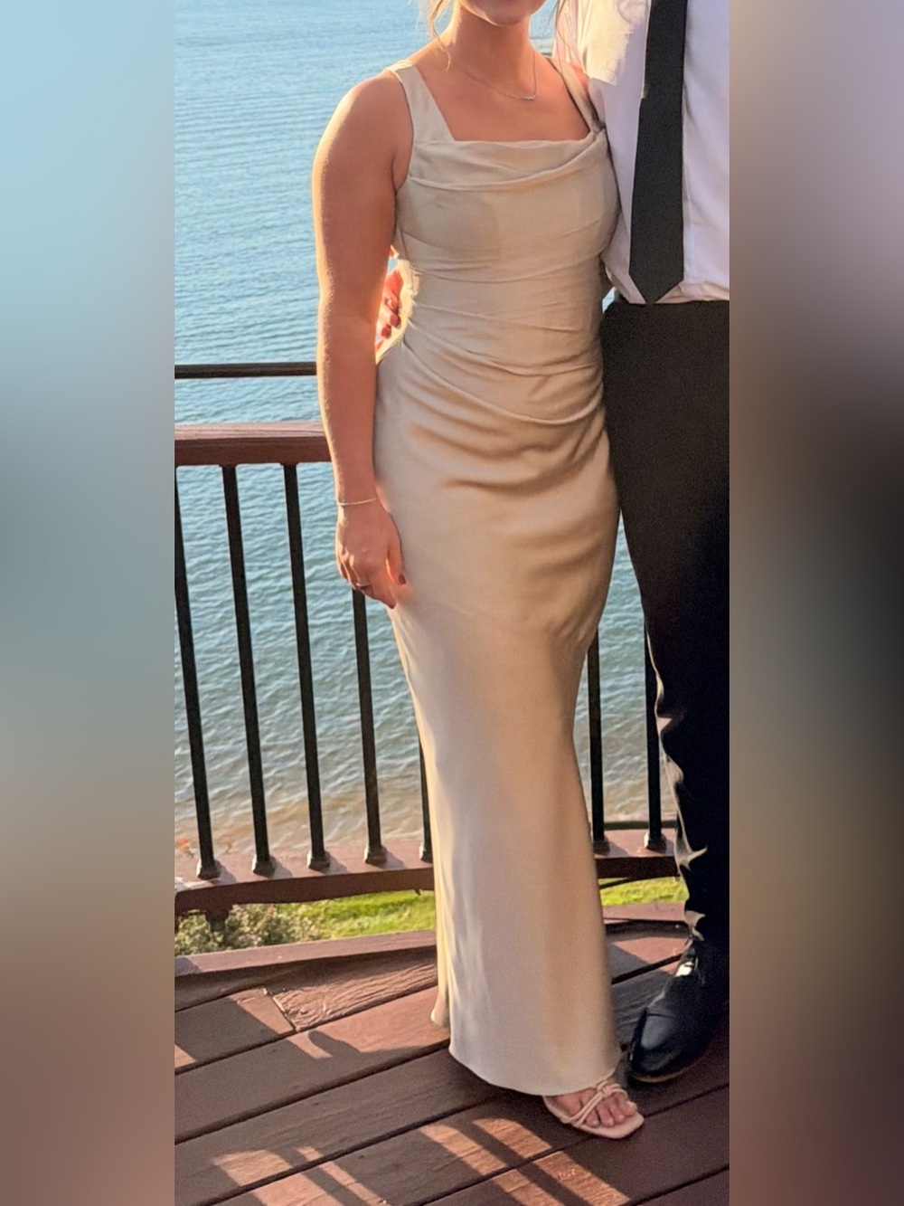 Birdy grey neutral champagne dress matte satin